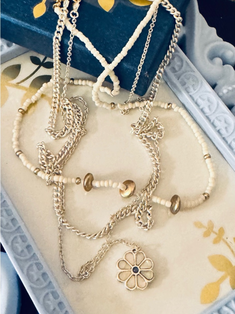 Lucky Brand Cream Daisy Beaded Layered Pendant Necklace